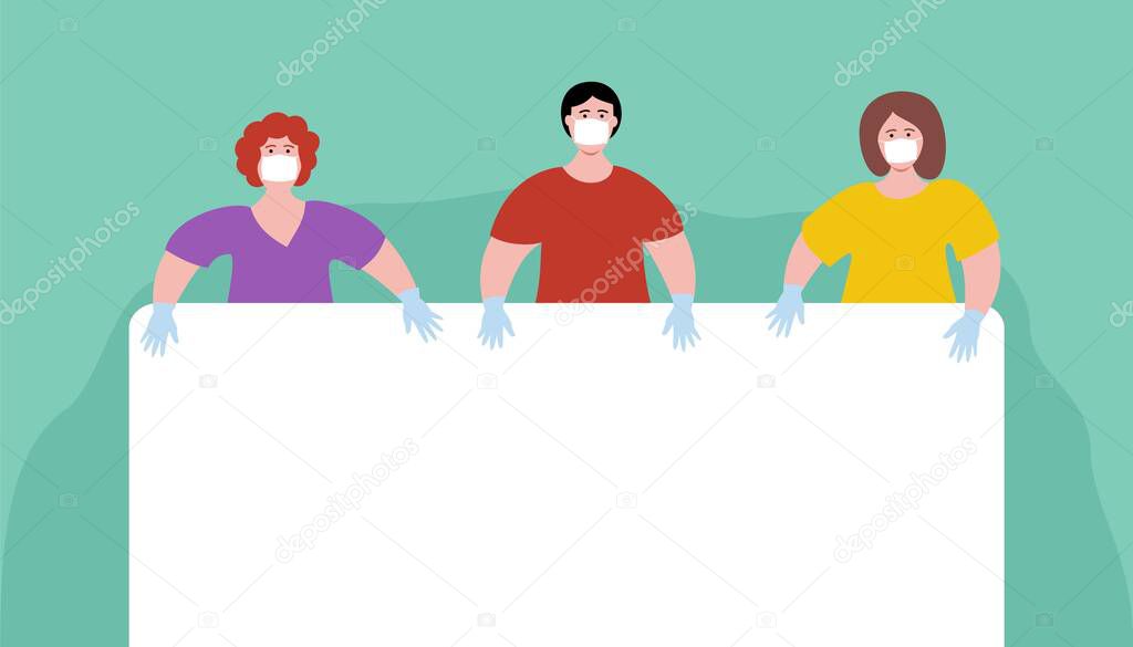 Medical worker in mask and gloves with a blank poster. Fighting Coronavirus, COVID-19 Pandemic. Flat style art vector illustration. Post your own text template.