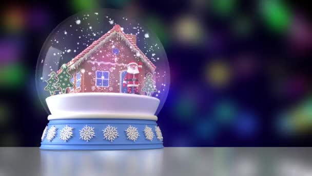 Снігова куля з імбирним будинком, Санта-Клаус і ялинками всередині. Падає сніг. Багатокольорове розмите тло. 3D рендеринг анімації — стокове відео