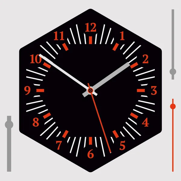 Шестикутний годинник на чорному тлі. Година, хвилини і дві руки, цифри. Векторні ілюстрації — стоковий вектор