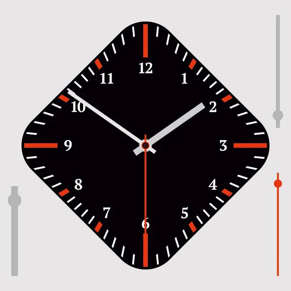 Vektor vintage fekete gyémánt alakú óra ZIfferblatt nyíllal. Vörös számok. Illusztrációs klip-art — Stock Vector