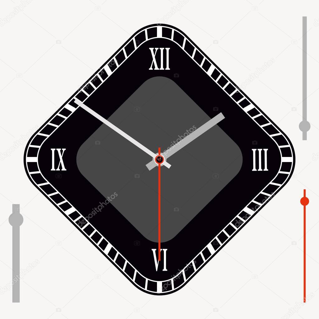 Vector vintage black diamond-shaped watch dial with arrows. Illustration clip-art