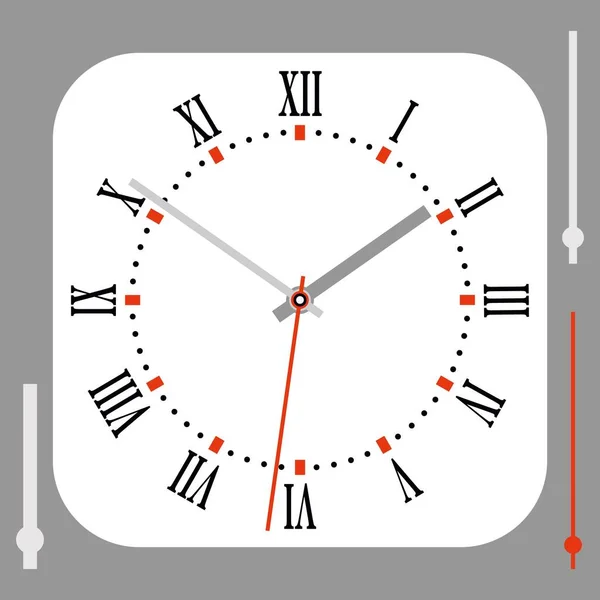 Vintage redondeado Cuadrado esfera blanca reloj con flechas. Números romanos. Ilustración vectorial — Archivo Imágenes Vectoriales