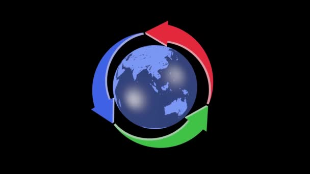 Recycling-Weltkonzept. Das Recycling-Symbol kreist um den Globus. 3D-Animation. Luma matt. Nahtloses Looping — Stockvideo