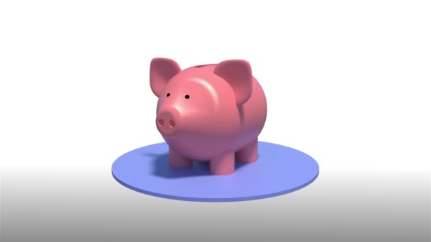 Pink piggy bank rotates on a blue platform. Seamless looping — Vídeo de Stock