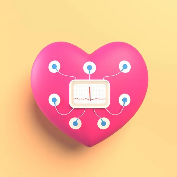 Coração de brinquedo com holter e sensores em um fundo amarelo claro. Electro cardiograma. Renderização 3d — Fotografia de Stock