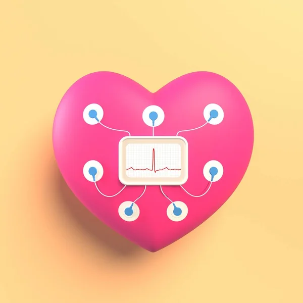 Toy heart with holter and sensors on a light yellow background. Electro Cardiogram. 3d rendering — Photo