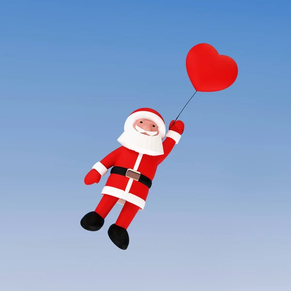 サンタは飛んでいくか、青い空の背景に赤いハートバルーンに到着します。クリスマスカードのアイデア。3Dイラスト — ストック写真