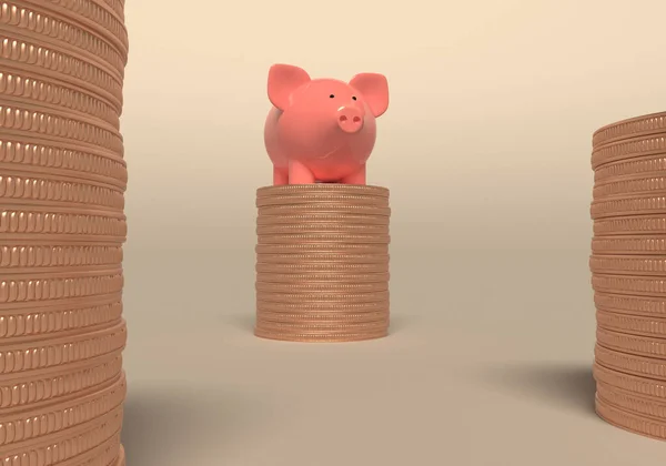 O porquinho está em cima de uma pilha de moedas. Três pilhas de moedas de ouro. Fundo de cor de areia. Renderização 3D — Fotografia de Stock