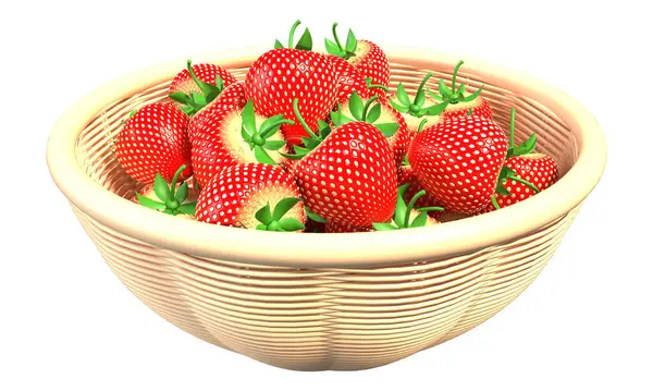 Fresas rojas maduras en una canasta de mimbre aislada sobre un fondo blanco. Renderizado 3D — Foto de Stock