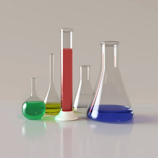 Glass products. Realistic glass chemical containers with liquid, measuring medical equipment. 3d illustration — Stock Photo, Image