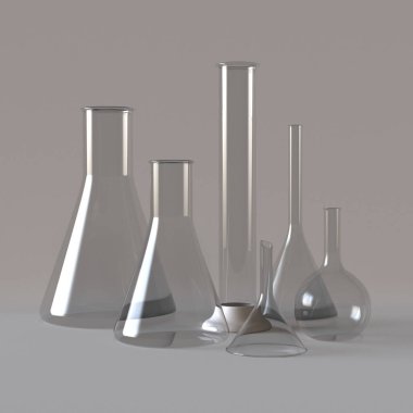 Kadehler. Gerçekçi cam kimyasal kaplar, tıbbi ekipmanları ölçmek. 3d illüstrasyon