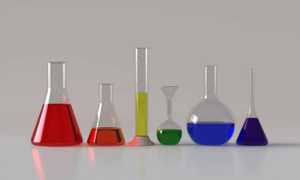 Glasproducten. Gekleurde vloeistoffen in realistische glazen kolven, die medische apparatuur meten. 3d illustratie — Stockfoto