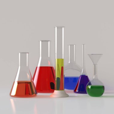 Cam ürünleri. Gerçekçi cam şişelerde renkli sıvılar, tıbbi ekipmanları ölçmek. 3d illüstrasyon