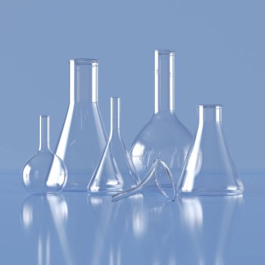 Cam ürünleri. Gerçekçi cam kimyasal kaplar, tıbbi ekipmanları ölçmek. 3d illüstrasyon