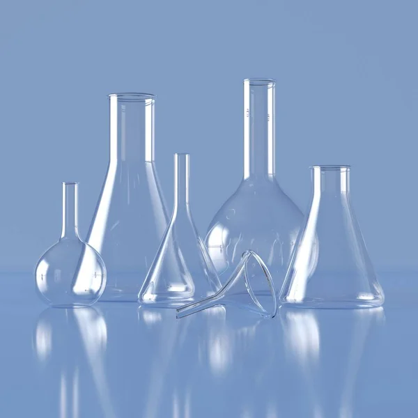 Glasproducten. Realistische glas chemische containers, het meten van medische apparatuur. 3d illustratie — Stockfoto