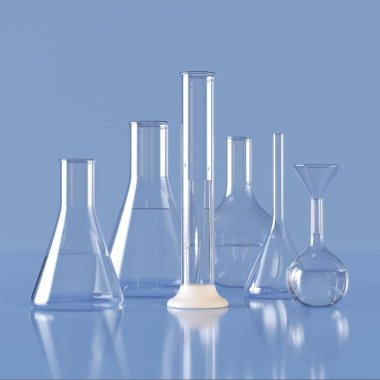 Cam ürünleri. Sıvı içerikli, tıbbi ekipmanları ölçen gerçekçi cam kimyasal kaplar. 3d illüstrasyon