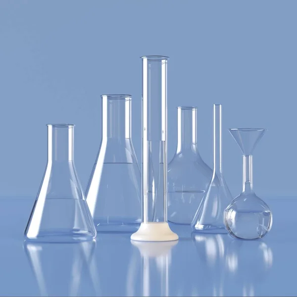 Skleněné výrobky. Realistické skleněné chemické nádoby s kapalinou, měřicí lékařské vybavení. 3D ilustrace — Stock fotografie