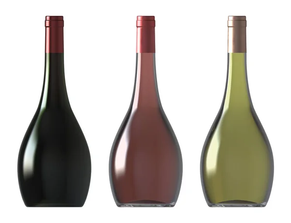 Conjunto botellas de vino. Tres botellas de vino - tinto, rosa, blanco. Fondo blanco aislado. Plantilla para publicidad, diseño, identidad corporativa. Renderizado 3D — Foto de Stock