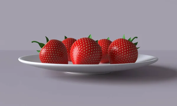 Fresas rojas maduras en un plato de cerámica. Renderizado 3D — Foto de Stock