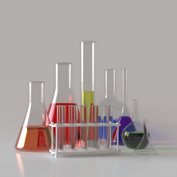 Glass products. Colored liquids in realistic glass flasks, measuring medical equipment. 3d illustration — Stock Photo, Image