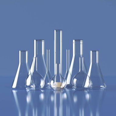 Cam ürünleri. Sıvı içerikli, tıbbi ekipmanları ölçen gerçekçi cam kimyasal kaplar. 3d illüstrasyon