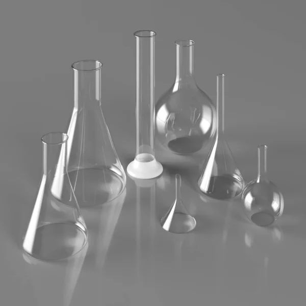 Glasproducten. Realistische glas chemische containers, het meten van medische apparatuur. Grijze achtergrond. 3d illustratie — Stockfoto