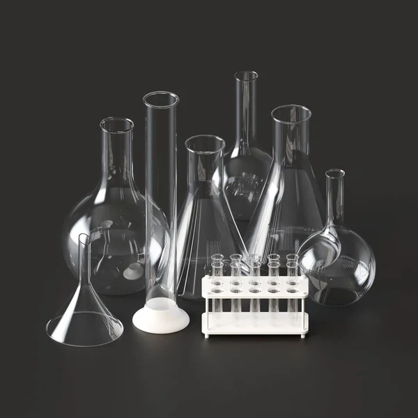 Produits en verre. Conteneurs chimiques en verre réalistes, équipement médical de mesure. Fond sombre. Illustration 3d — Photo