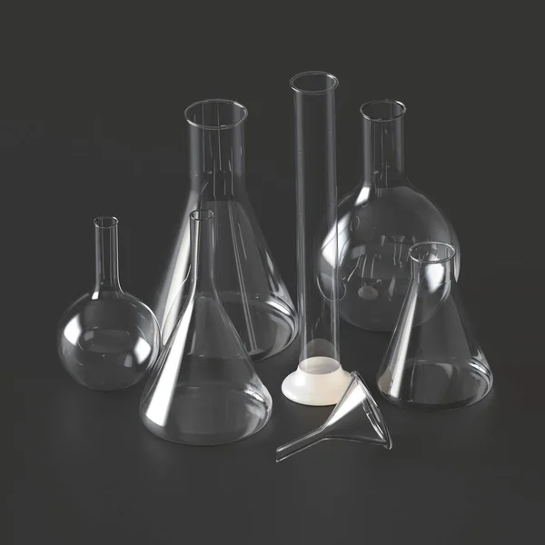 Productos de vidrio. Recipientes químicos de vidrio realistas, equipos médicos de medición. Fondo oscuro. ilustración 3d — Foto de Stock