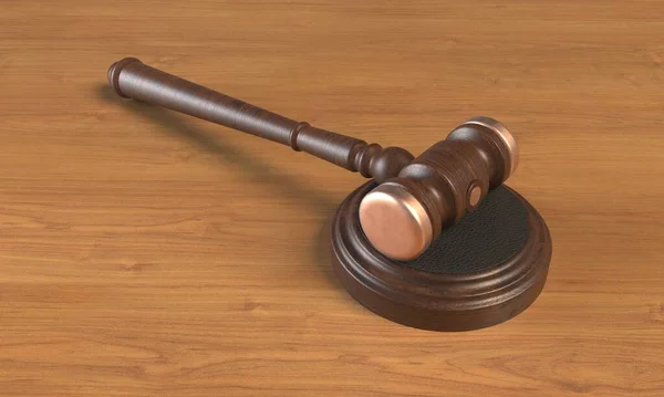 Wooden judges gavel on table close up. 3d rendering — Stock Photo, Image