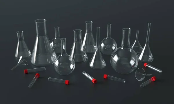 Produits en verre. Conteneurs chimiques en verre réalistes, équipement médical de mesure. Fond sombre. Illustration 3d — Photo