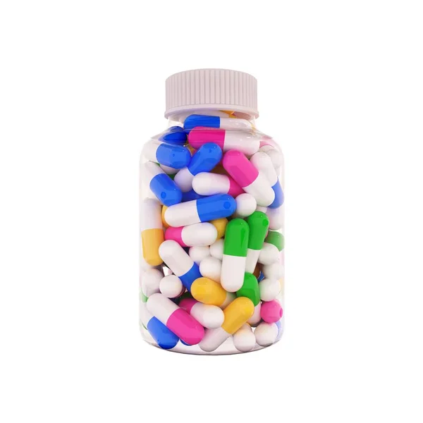 Cápsulas coloridas para medicamentos ou suplementos alimentares em plástico transparente. Fundo branco isolado. Renderização 3d — Fotografia de Stock