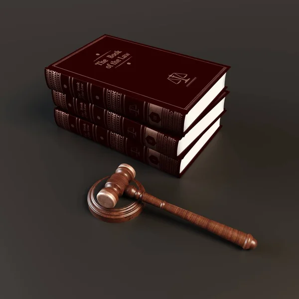 Verschillende boeken over de wet en de rechters houten hamer op de tafel. Een close-up. 3d destructie — Stockfoto