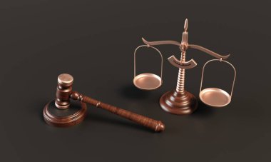 Adalet ve Yargıç Gavel 'in terazileri. 3d oluşturma