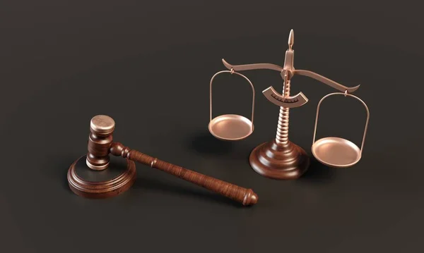 Scale di giustizia e giudice Gavel. rendering 3d — Foto Stock