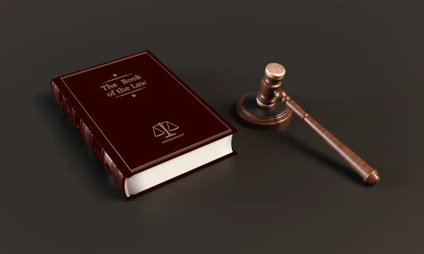 Liegenboek en een houten hamer van rechters op tafel. Sluit maar. 3d destructie — Stockfoto