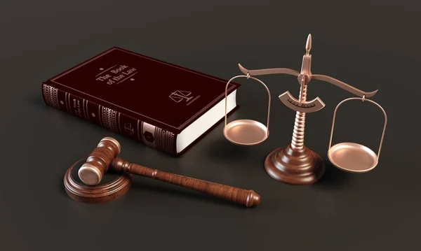 Balance de justice, marteau de juge et livres de droit. Illustration 3d — Photo