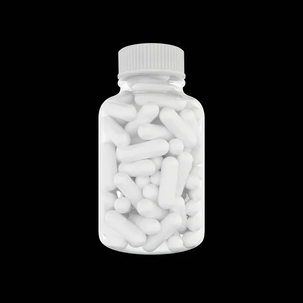 White capsules for medicines or food supplements in transparent plastic bottle. Isolated black background. 3d rendering — Fotografia de Stock