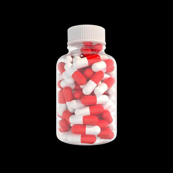 Cápsulas rojas y blancas para medicamentos o suplementos alimenticios en frasco de plástico transparente. Fondo negro aislado. renderizado 3d —  Fotos de Stock