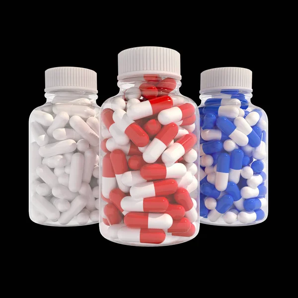 Cápsulas brancas, vermelhas-brancas, azuis-brancas para medicamentos ou suplementos nutricionais em frascos de plástico transparente. Fundo preto isolado. Renderização 3d — Fotografia de Stock
