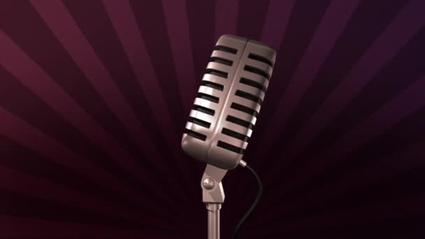 Golden retro microphone rotating on a stand. Rays are spinning on an dark background. Seamless looping — Stock Video