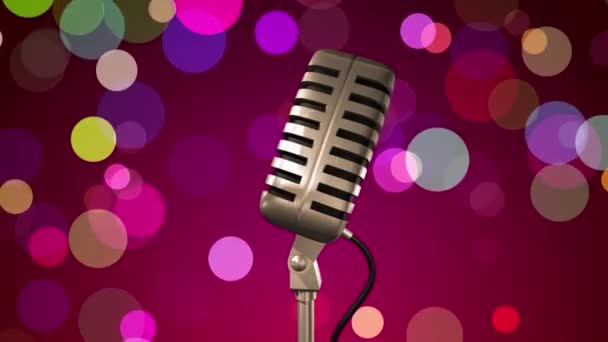 Golden retro microphone rotating on a stand. Colorful confetti flying background. Seamless looping — Stock Video