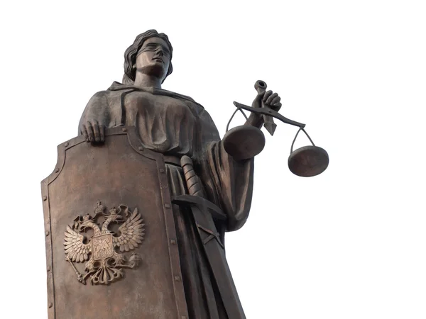 Beyaz arka plan üzerinde izole bir kalkan ile Themis adalet tanrıçası