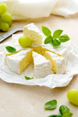 Fesleğen yapraklı Camembert peyniri. Süt ürünleri