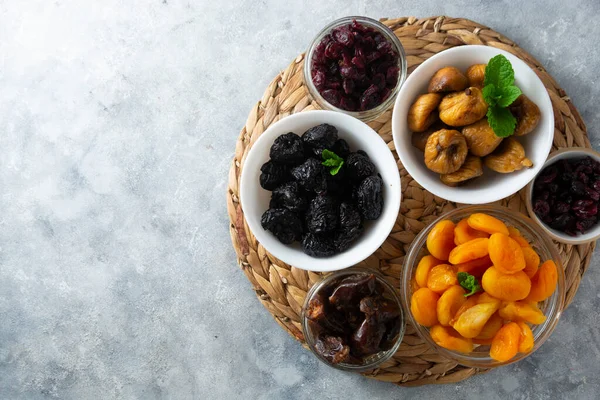 Dried fruits mix, healthy snack, sweet fruits, vegan food, top view
