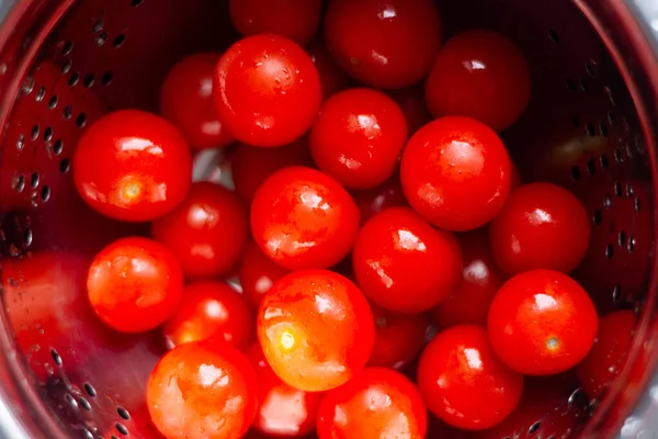 Tomates Cerises Fraîches Dans Bol Aliments Sains Cuisine Maison Fond — Photo