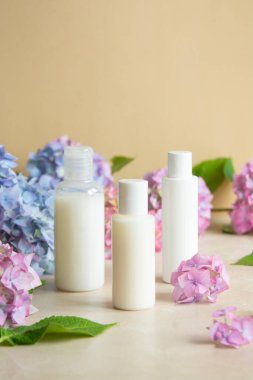 Kozmetik şişeleri boş maket ve arka planda ortanca çiçekleri. Vücut, cilt bakımı