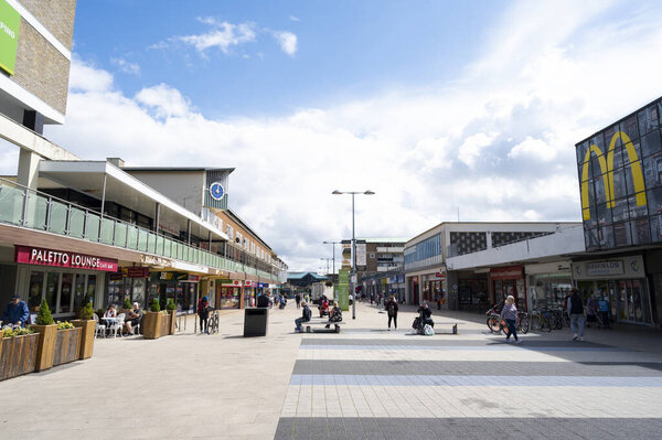 Corby, UK - August 01, 2021 - Outdoor street, shopping centre. English city