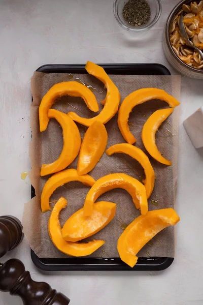 Вид Сверху Свежий Апельсин Скользит Булочной Ингредиенты Приготовления Орехового Супа — стоковое фото