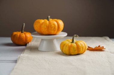 Masanın üzerinde turuncu mini balkabakları, soyut sonbahar arkaplanı