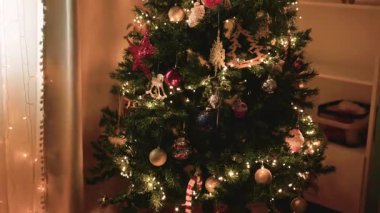 Noel ağacı süslenmiş mücevherler ve şenlik kış süslemeleriyle evde